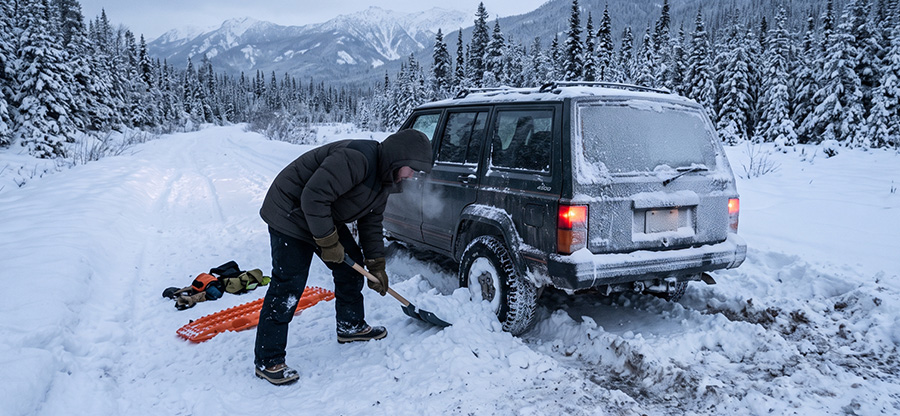 Person shoveling snow while the car is stuck